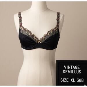 Vintage Demillus Bra size XL 38B Unpadded No Wire Wireless Black Lace